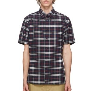 BURBERRY Navy White & Red Plaid Cotton Button Down Short Sleeve Shirt